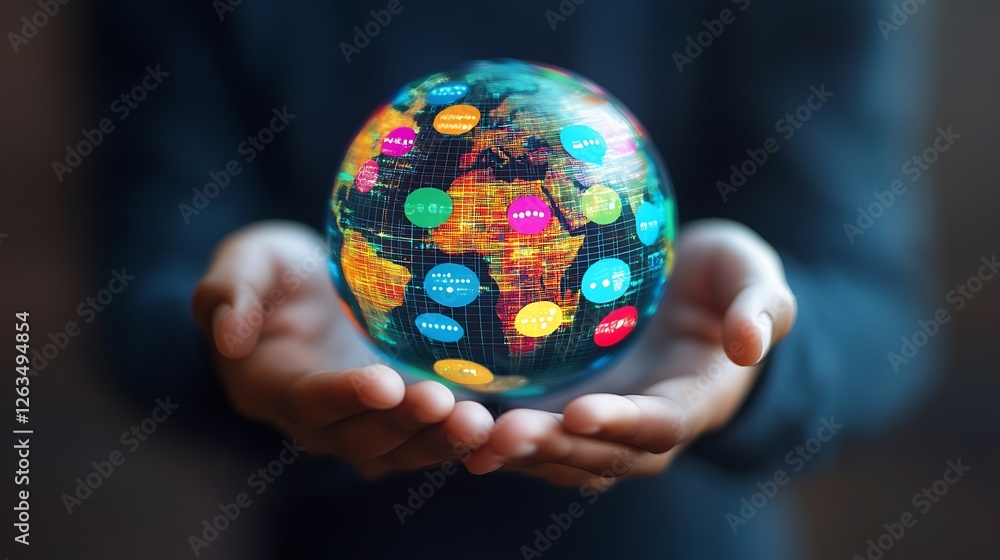 Aufkleber hands holding a digital globe with colorful communication icons, symbolizing global connection and c