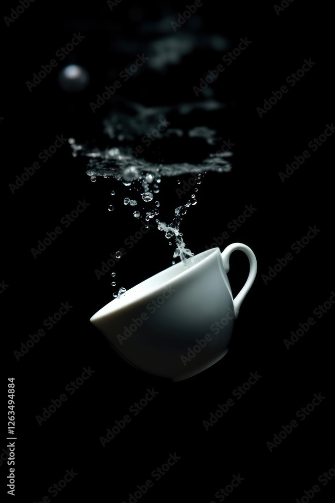 Poster cup of water being poured into a black background, creating a splash and dynamic movement.