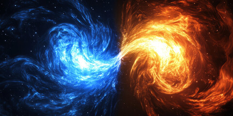 Intergalactic storm of charged plasma waves, twisting and swirling through the cosmic void in dazzling electric blue and fiery orange.
