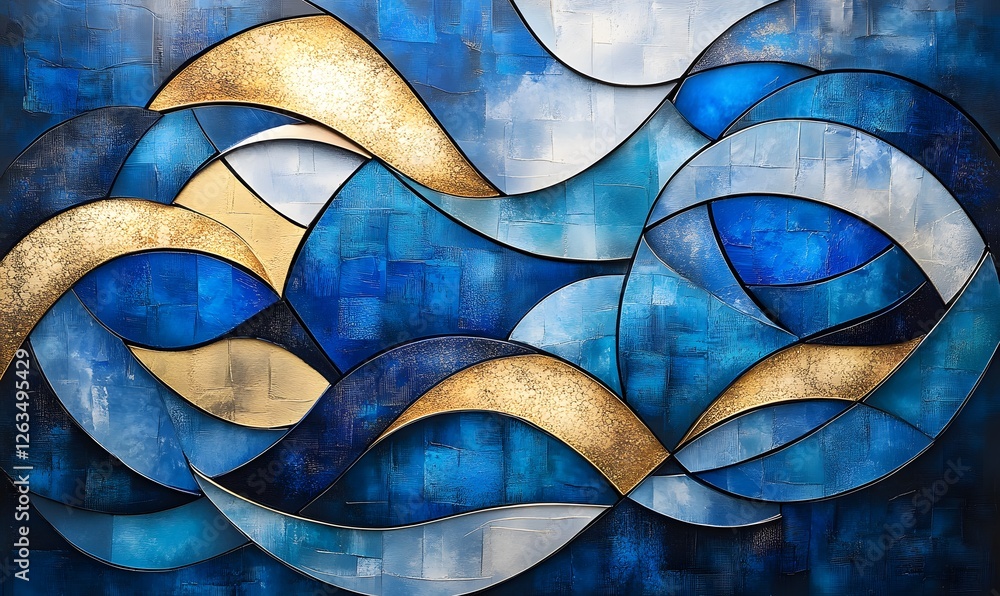Poster abstract blue and gold curved shapes pattern with textured surface and dark edges