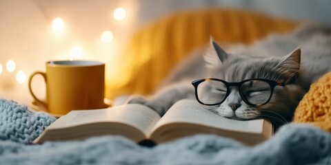 Cozy moment with a cat resting on a bed beside a book and a warm drink during a relaxing evening