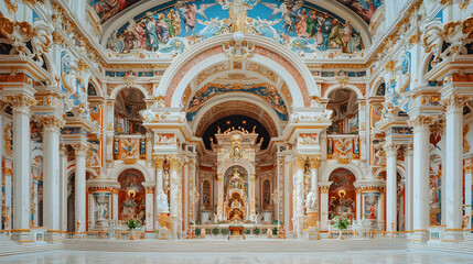 Obraz premium Ornate church interior, colorful frescoes, altar, statues, travel destination