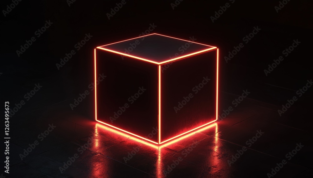 Poster abstract render of a cubic box with neon glow: illuminated object in a virtual reality dark room - f
