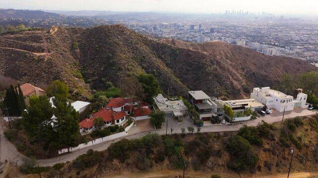 Circular Aerial Panorama Over Luxury Homes in Hollywood Hills Los Angeles
