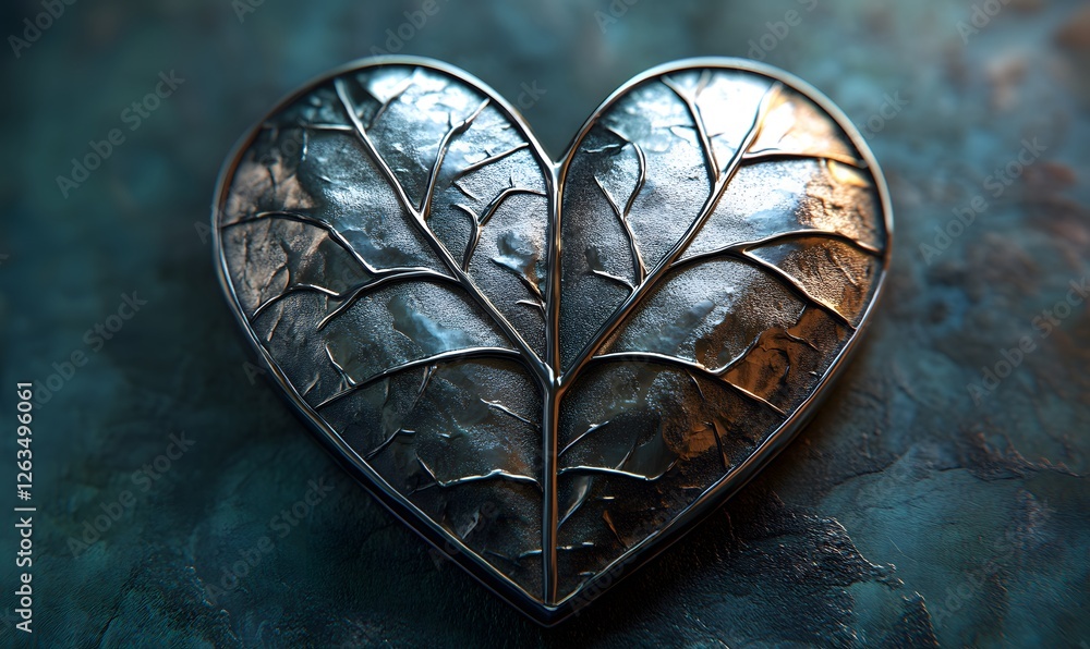 Poster metallic heart-shaped object with intricate vein-like patterns on a textured surface