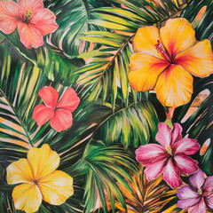 A tropical floral illustration with palm fronds, monsteras, and colorful blooms like hibiscus, plumeria, and orchids. The bold colors and large leaves evoke a tropical paradise.