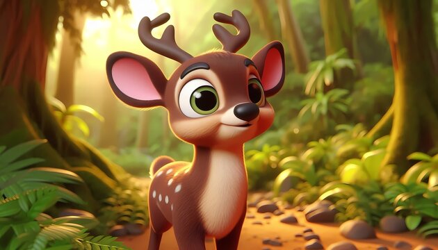 Cute cartoon deer with big eyes standing in a sunny forest, surrounded by lush greenery.
