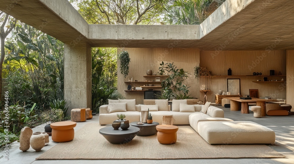 Poster Modern beige sectional sofa in open-plan concrete courtyard, lush garden view