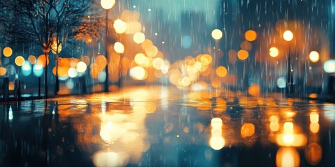 City street reflecting lights shines during a heavy rainfall