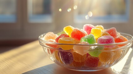 Colorful fruit jelly candies in a glass bowl illuminated by sunlight