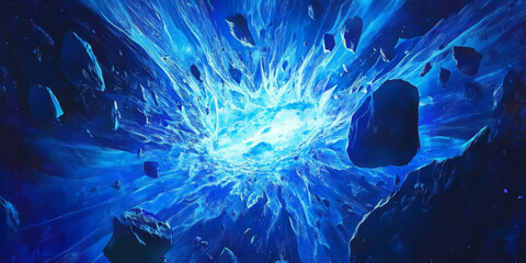 A frozen star casting eerie blue light upon a vast asteroid field, its icy surface crackling with mysterious cosmic energy.