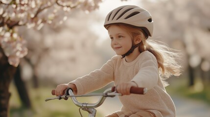 Naklejka premium Young girl riding a bicycle in a park with blooming trees