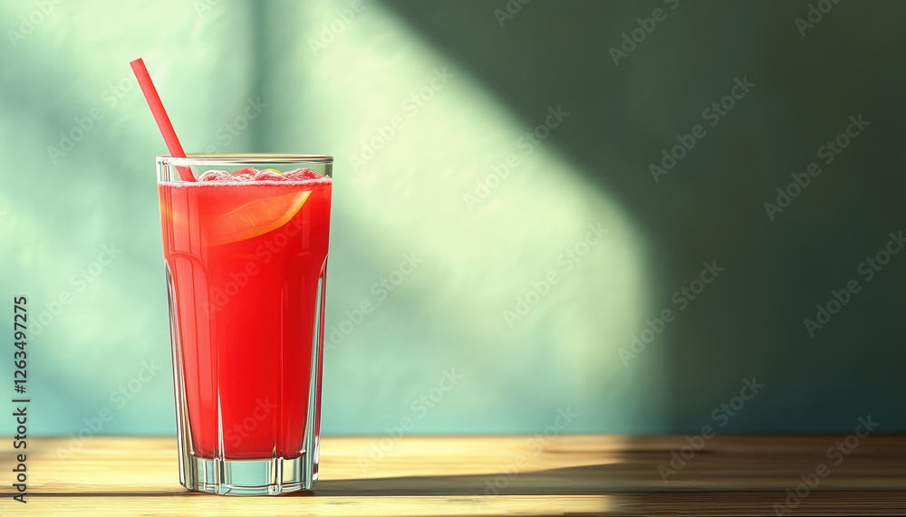 Poster side view of a wooden table with a refreshing raspberry lemonade served in a glass with a straw. per