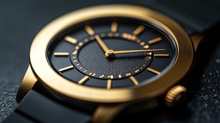 A refined logo for a luxury watch brand, featuring a minimalist clock face or watch hands within a clean circular design, using metallic gold and black for an upscale look