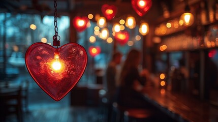 Naklejka premium A romantic and cozy caf setting with a soft pink and red color palette, heart-shaped decorations hanging from the ceiling, and a blurred background of couples enjoying their time