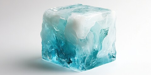 Obraz premium A light blue, smoothly textured ice cube with rounded edges captures your gaze. Its top half glimmers intriguingly, promising refreshment