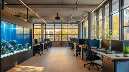 Natural style open space office interior with loft windows, a wooden floor, an aquarium like conference room area and rows of computer desks. 3d rendering