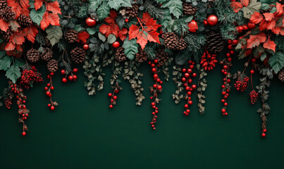 Festive Winter Decoration with Pine Cones, Holly, Red Berries, and Green Leaves on a Dark Background for Holiday-Themed Projects and Designs
