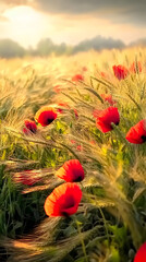 Fototapeta premium A serene sunrise over poppy flowers in the field, symbolizing hope and tranquility 