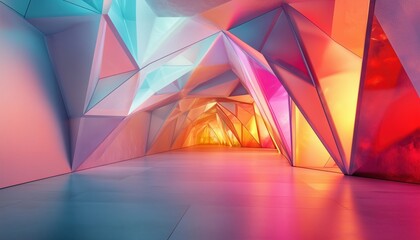 Futuristic Neon Abstract: Glowing Triangles In An Empty Room With Crystal Walls. Render Of A Geometric Tunnel Or Corridor