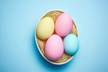 A vibrant bowl filled with various colored eggs resting on a textured blue surface, showcasing a festive and cheerful aesthetic.