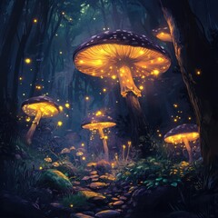 Glowing mushrooms illuminate a dark enchanted forest path at night