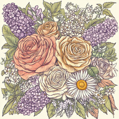 A detailed botanical floral illustration with intricate linework. The design features roses, daisies, and lilacs in soft, muted colors, capturing the beauty of vintage botanical illustrations.