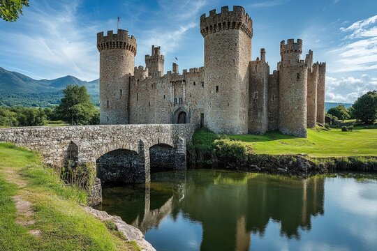 A fortified medieval castle with towering stone walls and a drawbridge over a deep moat