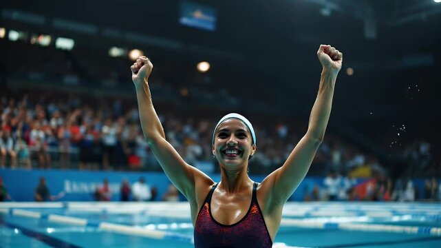 Cheerful professional female swimmer raising her arms in victory after winning competition in a crowded indoor swimming pool, splashing water and expressing joy and excitement after her victory