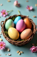 Obraz premium vibrant floral decorated easter eggs on green foliage - concept of easter decor, spring celebration, festive crafts