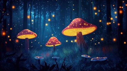Fototapeta premium Magical mushrooms illuminate a dark enchanted forest with floating lights