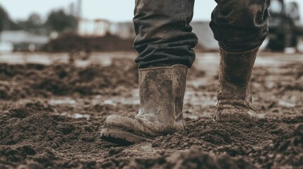 Muddy boots, construction worker, site, machinery