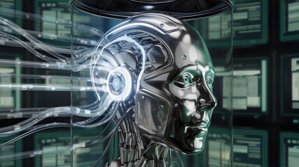 Fototapeta premium Close-up of metallic AI brain encased in glass with data streams in control room