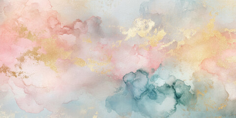 Obraz premium A dreamy celestial watercolor texture featuring soft transitions between pastel pink, baby blue, and golden hues.