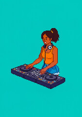 woman dj against plain background ideal to use as negative space to add text illustration in pixel art style