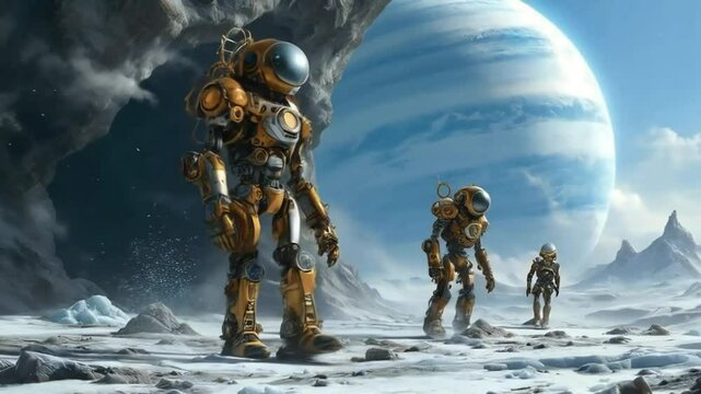 Futuristic extraterrestrial landscape, three humanoid robots walking on snowy icy terrain, digital sci-fi artwork with intricate designs