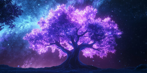 A giant glowing tree floating in deep space, its bioluminescent branches reaching out like cosmic tendrils, radiating soft purple light.