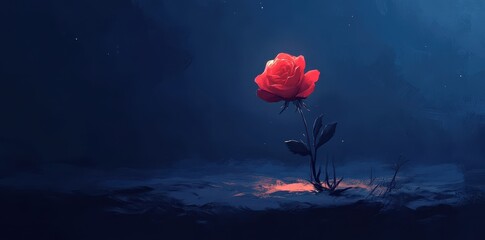 A solitary red rose blossoms against a dark blue backdrop