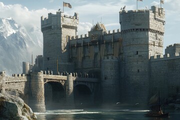 A fortified medieval castle with towering stone walls and a drawbridge over a deep moat
