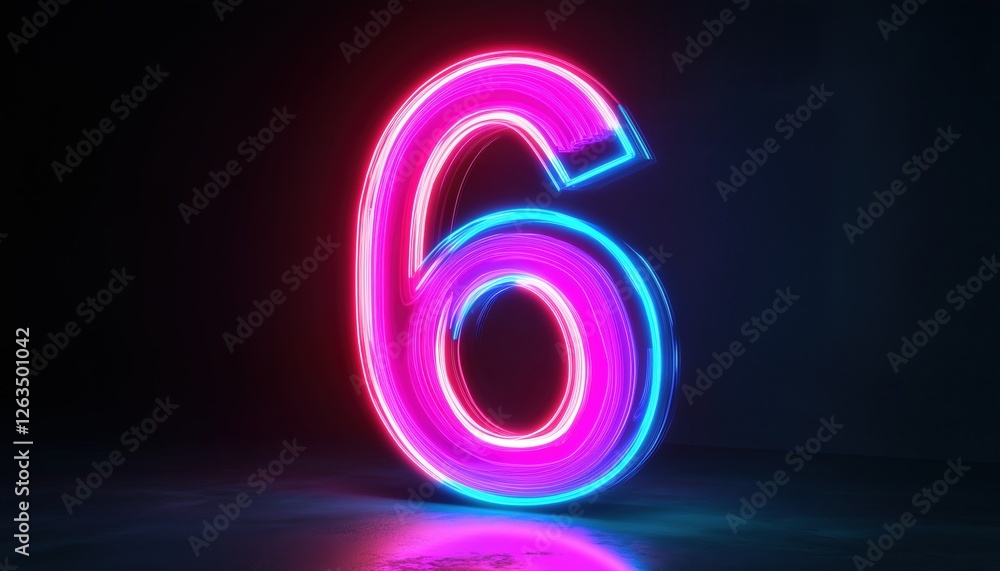 Poster digital symbol 6 glowing in the dark with pink and blue neon lights: render of abstract number six i