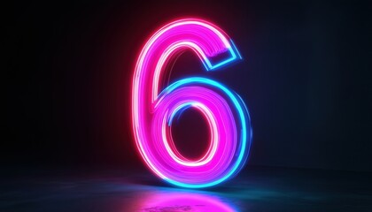 Digital Symbol 6 Glowing In The Dark With Pink And Blue Neon Lights: Render Of Abstract Number Six In Illuminated Setting