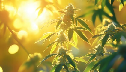 Obraz premium Breeding Of Marijuana And Cannabis: The Bush Flowering Herb Hemp With Seeds And Flowers Under Sunlight Glint. Legalization Perspectives Explored.