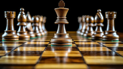 Close-up view of chess pieces with dramatic light highlighting strategy and elegance on wooden board