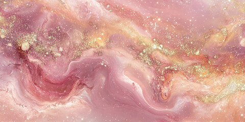 Obraz premium Swirling pink and gold nebula with intricate cloud-like formations, glowing stars scattered across the cosmic expanse, and subtle gaseous textures.