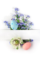 Easter decoration. Blue flowers forget-me-not and white flower hellebore, Easter eggs and white paper card with space for text on a white background. Top view, flat lay