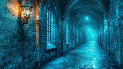 Mystical stone corridor at night,  illuminated by moonlight, with arched passageways, antique lantern, gothic architecture