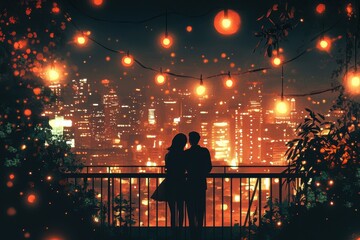 Silhouetted couple admires a luminous cityscape under string lights