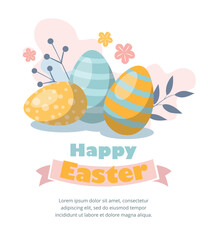 Fototapeta premium Happy Easter card with colorful eggs. Celebration, congratulations, invitation concept.