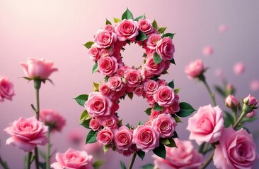 3d number 8 surrounded by roses on light background. Concept of women's day celebration.