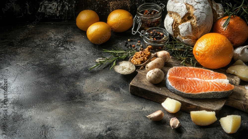 Canvas Prints Salmon, bread, citrus, herbs, rustic kitchen, food photography, recipe